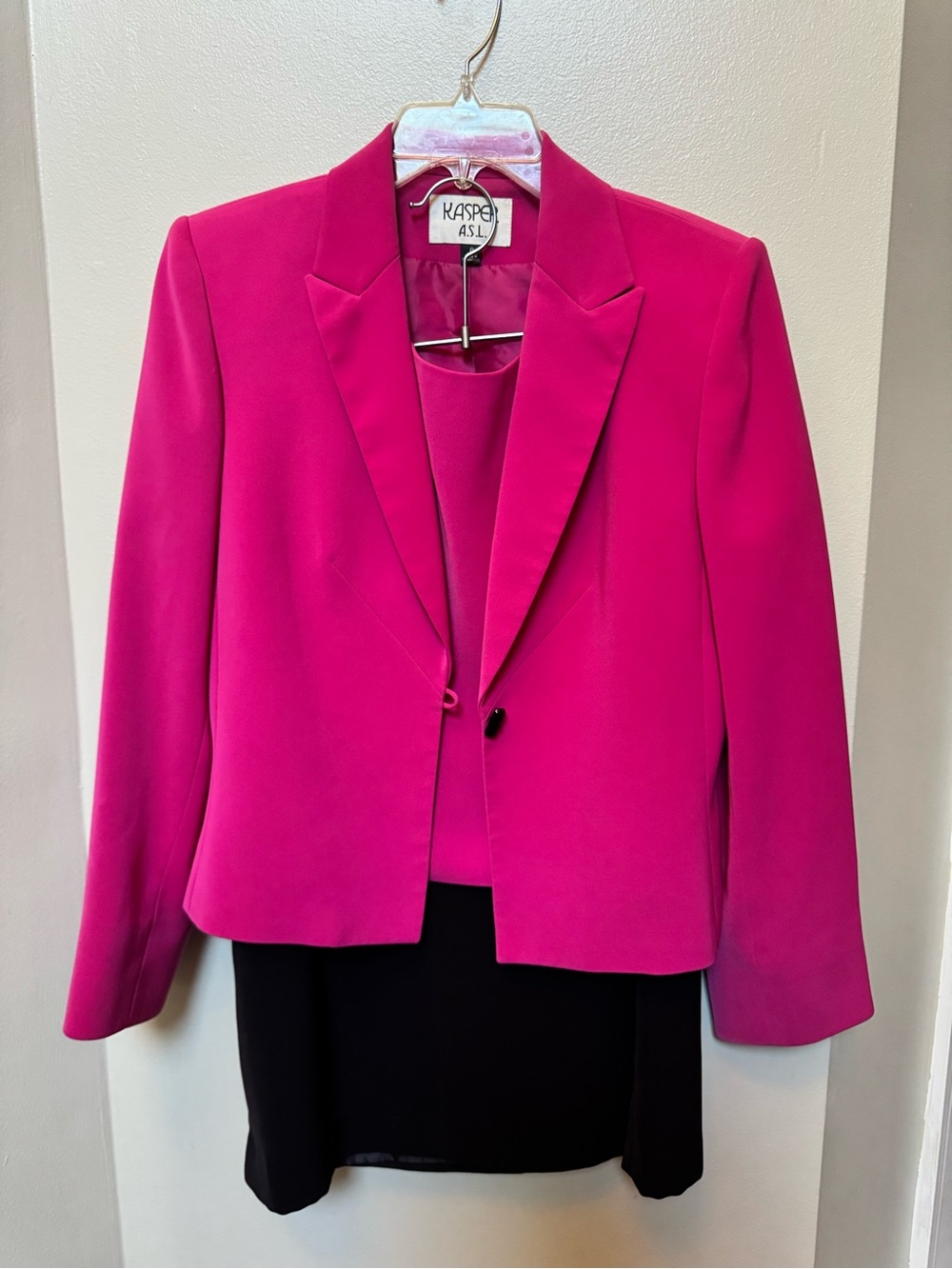 Kasper Three Piece Hot Pink Suit Set w/ Skirt, Sleeveless Blouse & Jacket